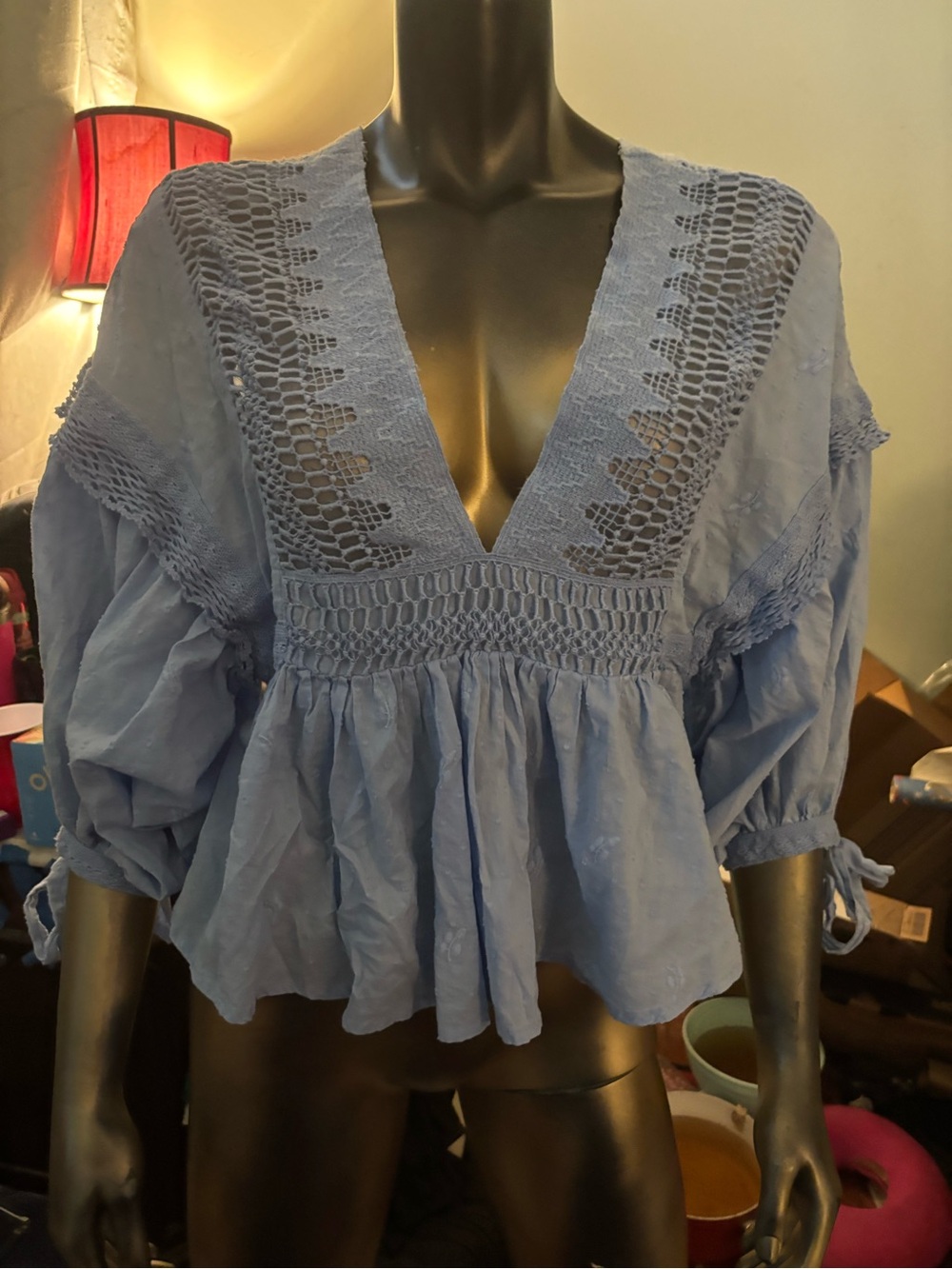Free People Sky Blue Crochet-Trim Peasant Blouse